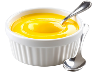 Vanilla custard in white ceramic ramekin with silver spoon, front view, isolated on transparent background PNG