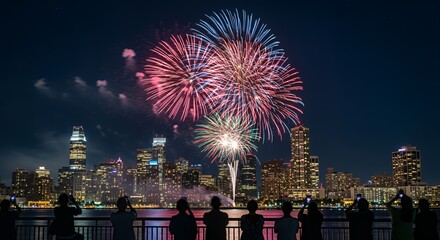 Spectacular Fireworks Display Over City Skyline at Night with Crowd Watching