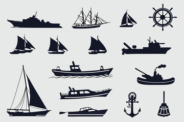 Sixteen Ship and Boat Silhouettes – Black Maritime Icon Set