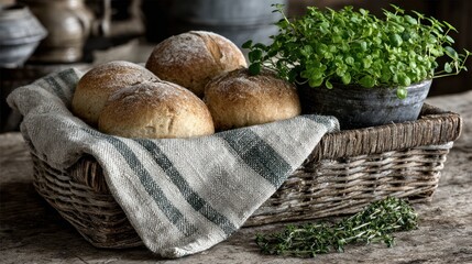 Freshly baked bread rolls with herbs rustic kitchen food photography cozy atmosphere close-up view culinary delight