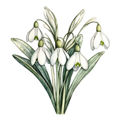 A Snowdrop Bouquet, watercolor vector, isolated on a white background.