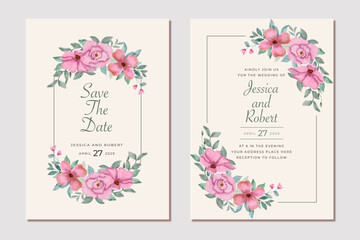 wedding invitation card with pink floral watercolor