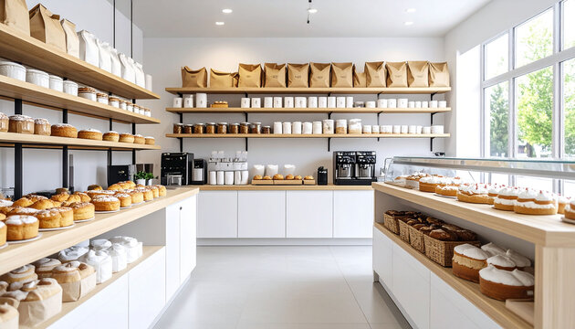 Minimalist bakery interior with light wood shelves displaying an array of baked goods, coffee equipment, and packaged goods, all within a bright, clean space