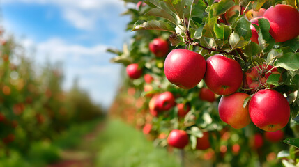 Obraz premium A bountiful apple orchard with rows of trees laden with ripe red apples, under a bright blue sky.