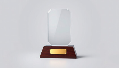 A clear glass award stands on a wooden base with a gold plaque, against a plain background.