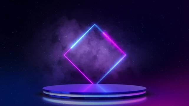 A futuristic podium Stage podium light in digital futuristic style on a blue background. Technological platform for product presentation. tech presentations, product showcases, and sci-fi beams rise