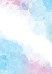 Pastel pink and purple watercolor with metallic gold is drawn by hand for grunge design, card templates. Abstract watercolor background.