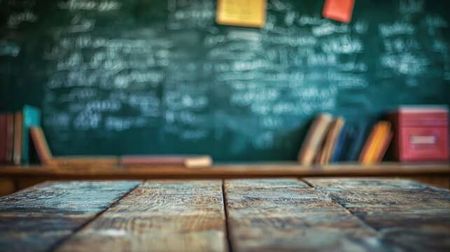 A wooden table with a blackboard in the background.