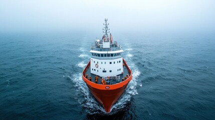 A large, orange boat with a white cabin and red lifeboats sailing on a foggy sea.