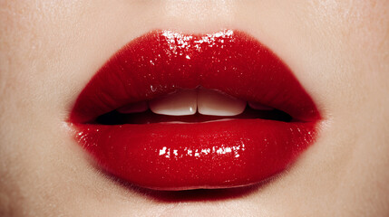 Close up of glossy red lips on a woman, sensual and elegant beauty detail, shiny lipstick with smooth texture, symbol of glamour, passion, and feminine style.