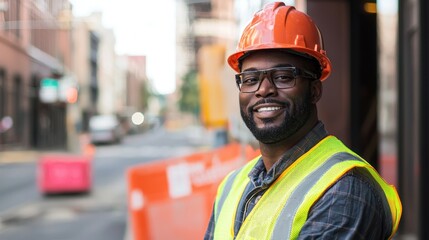 A construction worker wearing a hard hat and safety vest stands on a city street with construction barriers in the background.