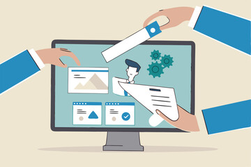 Digital signature or electronic agreement contact, online document signing, internet transaction identity, certified handwriting application concept, businessman signing digital signature on computer.