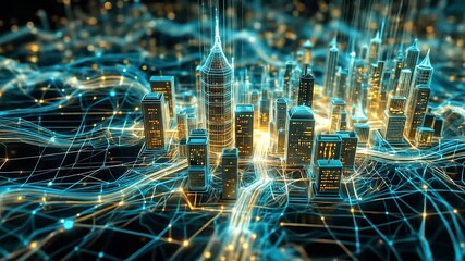 Holographic wireframe city emerging from binary streams mapped on grid - Powered by Adobe