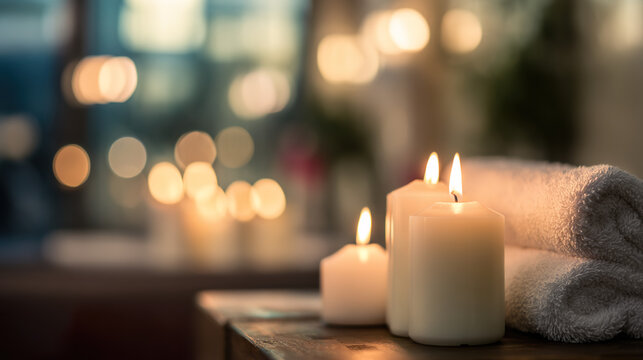 Serene spa retreat with scented candles and towels - a tranquil escape for wellness and relaxation - Powered by Adobe