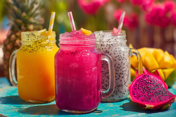 Refreshing tropical smoothies in mason jars, mango, dragon fruit, watermelon, outdoor summer vibe