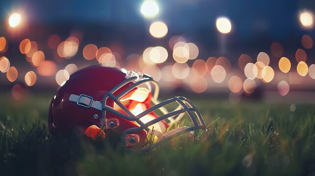 American football helmet lying on green field with cleat marks, ready for next play. Sports equipment, athletic competition, team spirit and determination in professional game. - Powered by Adobe