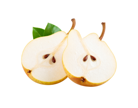 Two Pear Halves with Seeds and Stems Green Leaves.