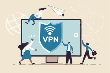 VPN virtual private network, security protection for internet access, technology or firewall encryption to protect computer network, safety or privacy, business people with VPN shield and computer.