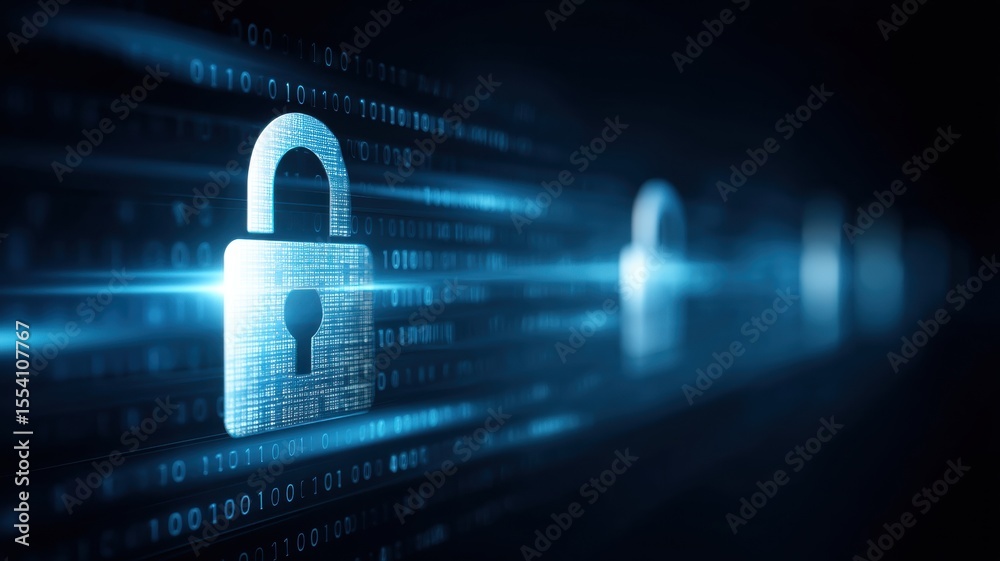 Poster information online privacy protection. digital lock icons with binary code in a cybersecurity backgr