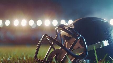 American football helmet lying on green field with cleat marks, ready for next play. Sports equipment, athletic competition, team spirit and determination in professional game.