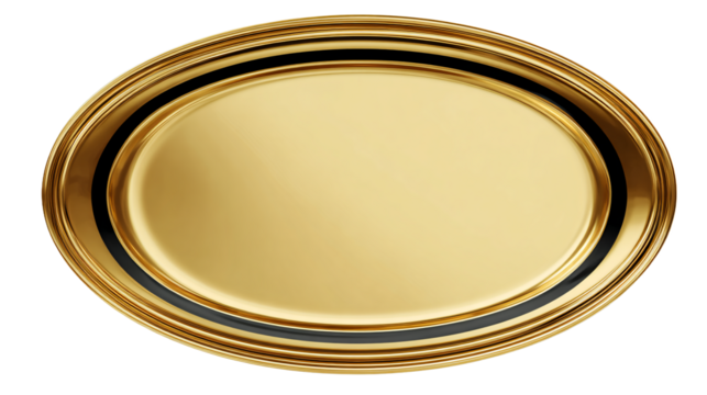 a gold plate with a black stripe around it