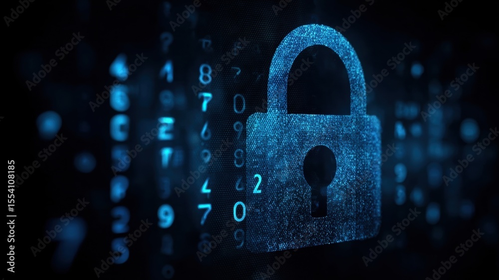 Poster information online privacy protection. digital padlock over a backdrop of abstract numbers and data 