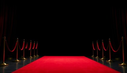 A vibrant red carpet stretches toward a dark stage, flanked by velvet ropes and gold stanchions.