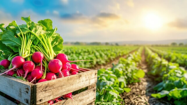 Bright farm morning with ripe radishes in a rustic crate, plantation rows and blue sky in the distance