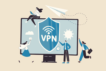 VPN virtual private network, security protection for internet access, technology or firewall encryption to protect computer network, safety or privacy, business people with VPN shield and computer.