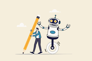 AI Artificial Intelligence work with human, robot or automation to help success, robot to replace human employment, job uncertainty concept, frustrated businessman working with pencil with AI robot.