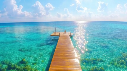 Obraz premium Long dock surrounded by tranquil turquoise ocean, sunlight reflecting gently as it disappears into the far horizon