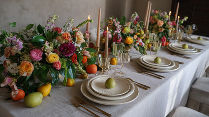 Elegant English dining tables styled with flickering candlelight, floral centrepieces, crystal glassware and richly layered plates, capturing the warmth of evening gatherings at home, wedding or event