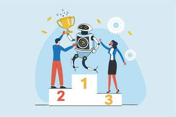 Robot Artificial intelligence winning, working together with AI, innovation to help success, AI to replace people in office work, AI robot winning holding champion trophy with human competition.