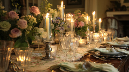 Elegant English dining tables styled with flickering candlelight, floral centrepieces, crystal glassware and richly layered plates, capturing the warmth of evening gatherings at home, wedding or event