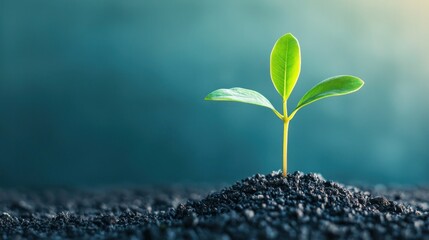 A young plant growing from a pile of soil on a green background. The plant has three leaves and is surrounded by dark soil.