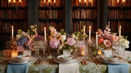 Elegant English dining tables styled with flickering candlelight, floral centrepieces, crystal glassware and richly layered plates, capturing the warmth of evening gatherings at home, wedding or event