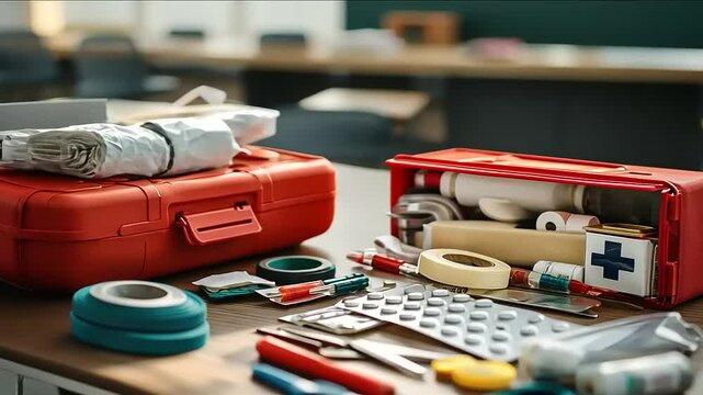 First Aid Kit Opened on Table with Medical Supplies Nearby