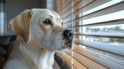 Curious Dog Gazing Outside Behind Sheer Curtains
