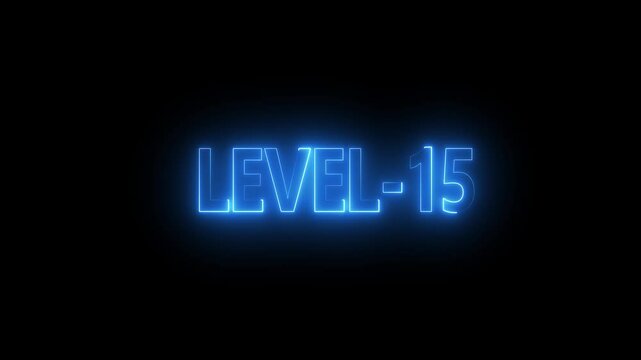 Glowing level-15 text with glitch effects animation. game concept next level icon isolated . Black background.