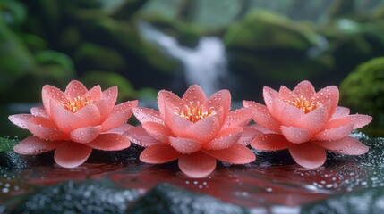 Delicate Pink Flower Blossoms Floating Over Still Lake Surface