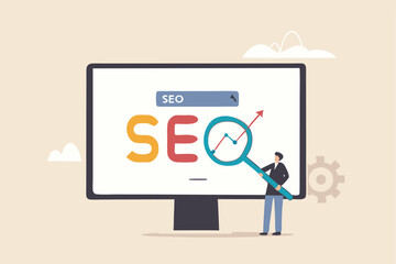 SEO Search Engine Optimization, website search result, advertising or marketing to boost web ranking or user discovery concept, businessman hold magnifying glass on SEO rising arrow search box.