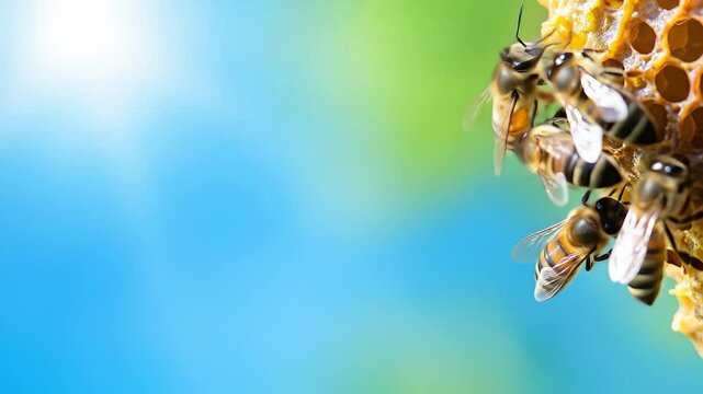 Honeybees cluster on honeycomb against blue background
