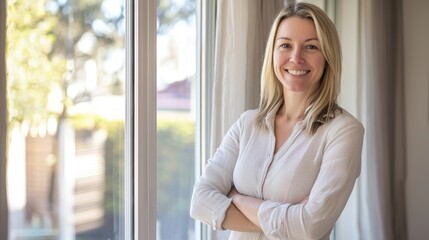 A woman standing in front of a window with her arms crossed, wearing a white shirt.