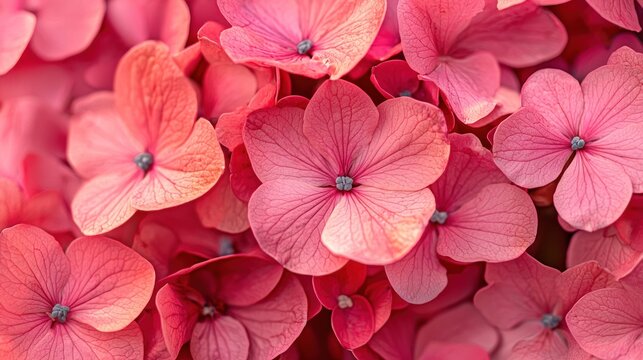 Pink hydrangea flowers in a close-up shot. - Powered by Adobe