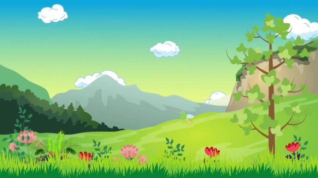 A bright and cheerful cartoon illustration of a sunny countryside landscape with a small house, tree, and colorful flowers. Perfect for children's content.
