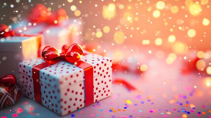 Obraz premium Festive gift box with red ribbon and sparkling lights for holiday celebration and party decoration