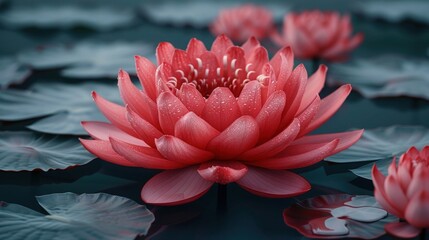 Delicate Pink Flower Blossoms Floating Over Still Lake Surface