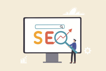 SEO Search Engine Optimization, website search result, advertising or marketing to boost web ranking or user discovery concept, businessman hold magnifying glass on SEO rising arrow search box.