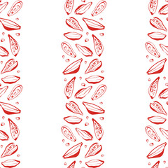 Seamless pattern with hand drawn red cardamom pods and seeds on white background ideal for packaging textile and wrapping paper