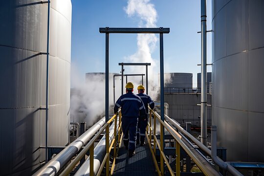 Two workers in hard hats and safety vests walk down a metal walkway between large industrial tanks